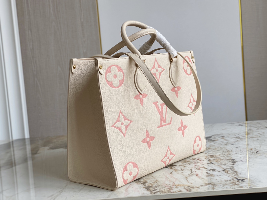 Louis Vuitton M21575 OnTheGo MM Tote Creme and Rose Embossed Supple Grained Cowhide Leather