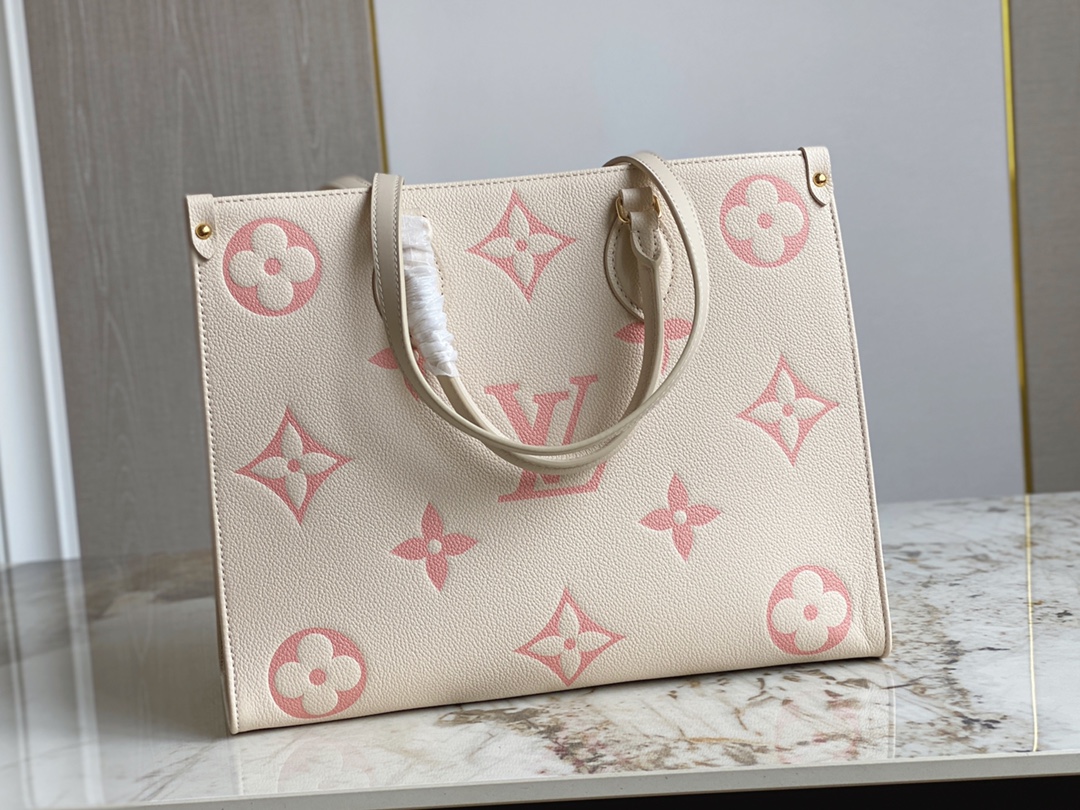 Louis Vuitton M21575 OnTheGo MM Tote Creme and Rose Embossed Supple Grained Cowhide Leather