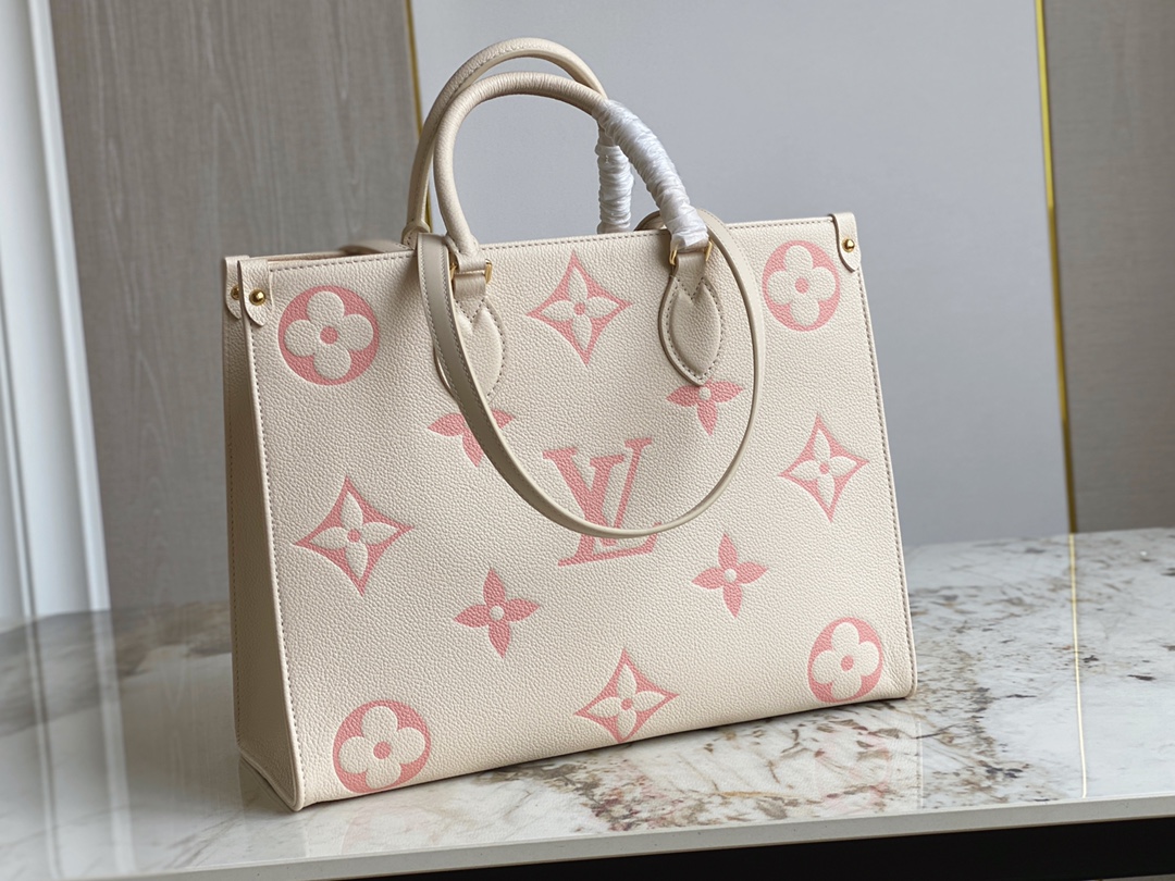 Louis Vuitton M21575 OnTheGo MM Tote Creme and Rose Embossed Supple Grained Cowhide Leather