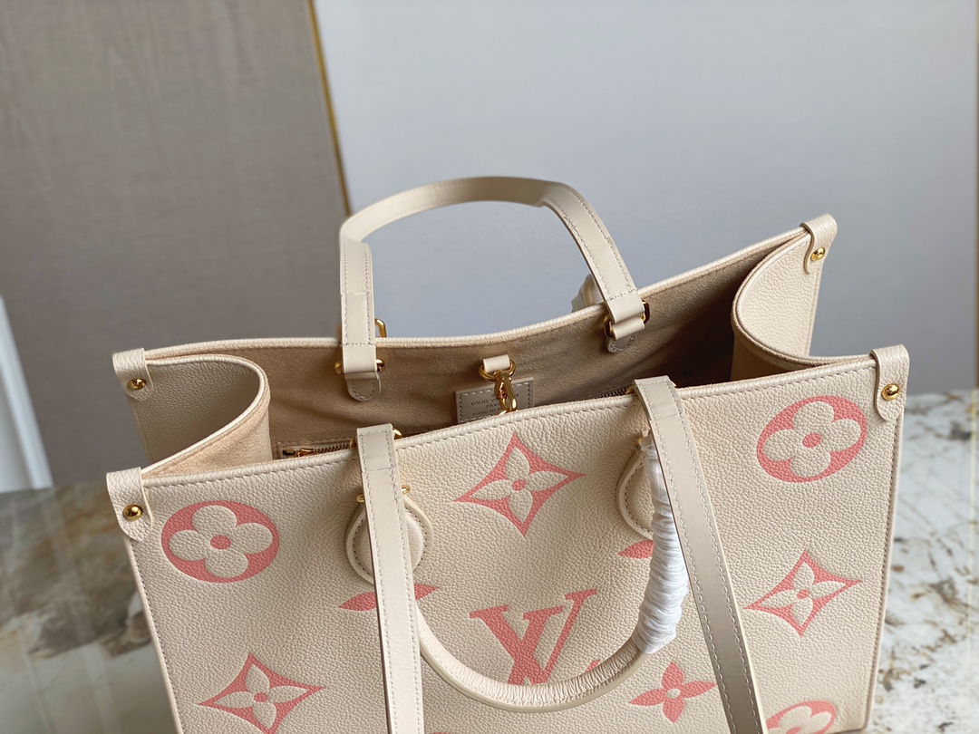 Louis Vuitton M21575 OnTheGo MM Tote Creme and Rose Embossed Supple Grained Cowhide Leather