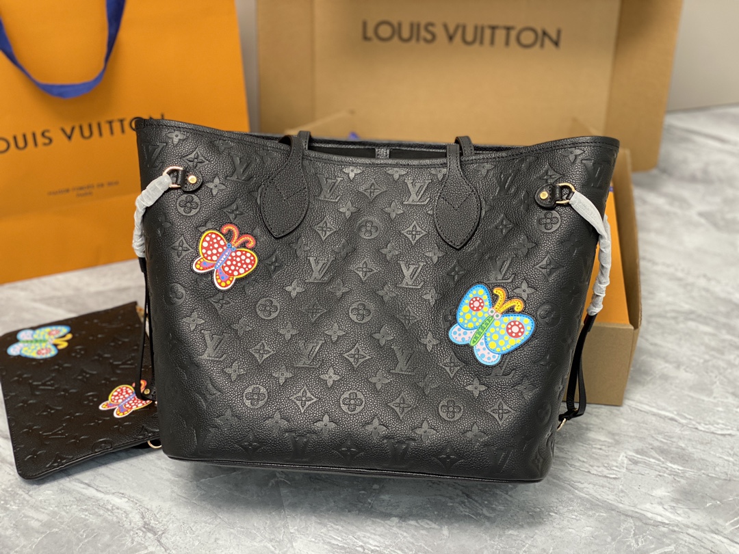 Louis Vuitton M21733 LV x YK Neverfull MM Embossed grained Monogram Empreinte cowhide leather with Flower marquetry Black