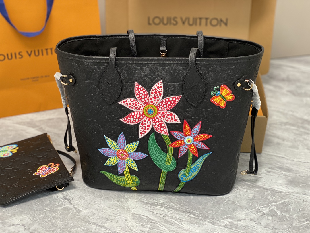 Louis Vuitton M21733 LV x YK Neverfull MM Embossed grained Monogram Empreinte cowhide leather with Flower marquetry Black