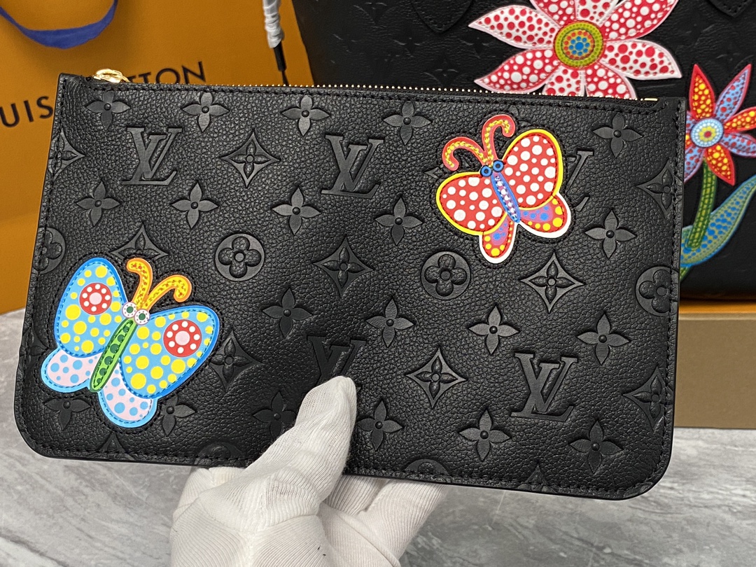 Louis Vuitton M21733 LV x YK Neverfull MM Embossed grained Monogram Empreinte cowhide leather with Flower marquetry Black