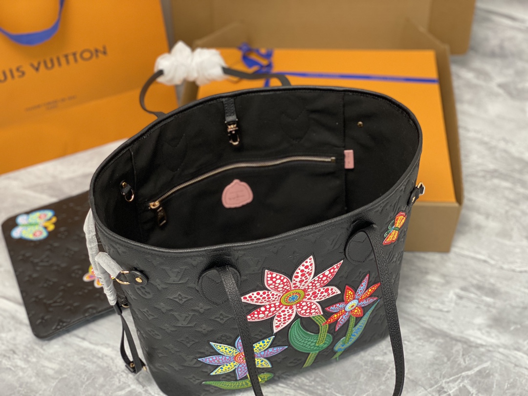 Louis Vuitton M21733 LV x YK Neverfull MM Embossed grained Monogram Empreinte cowhide leather with Flower marquetry Black