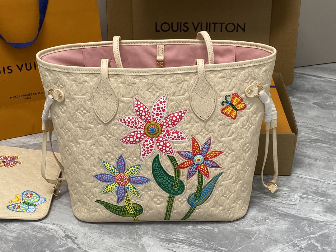 Louis Vuitton M21733 LV x YK Neverfull MM Embossed grained Monogram Empreinte cowhide leather with Flower marquetry