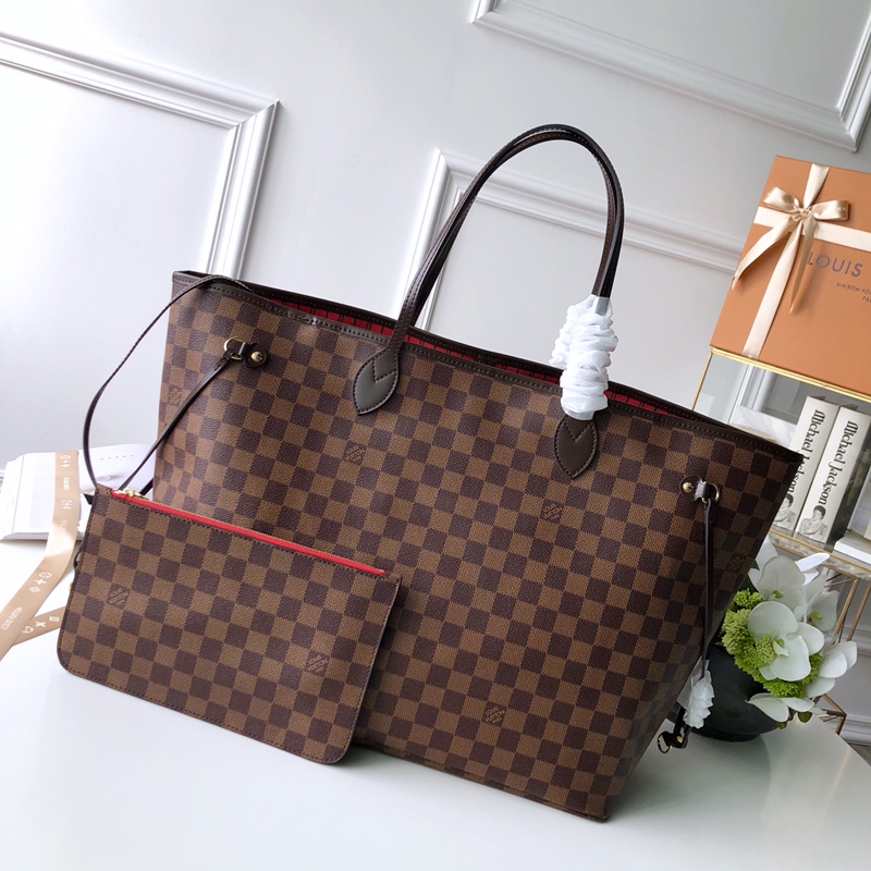 Louis Vuitton M41357 Neverfull GM Damier Ebene Coated Canvas Cerise Red