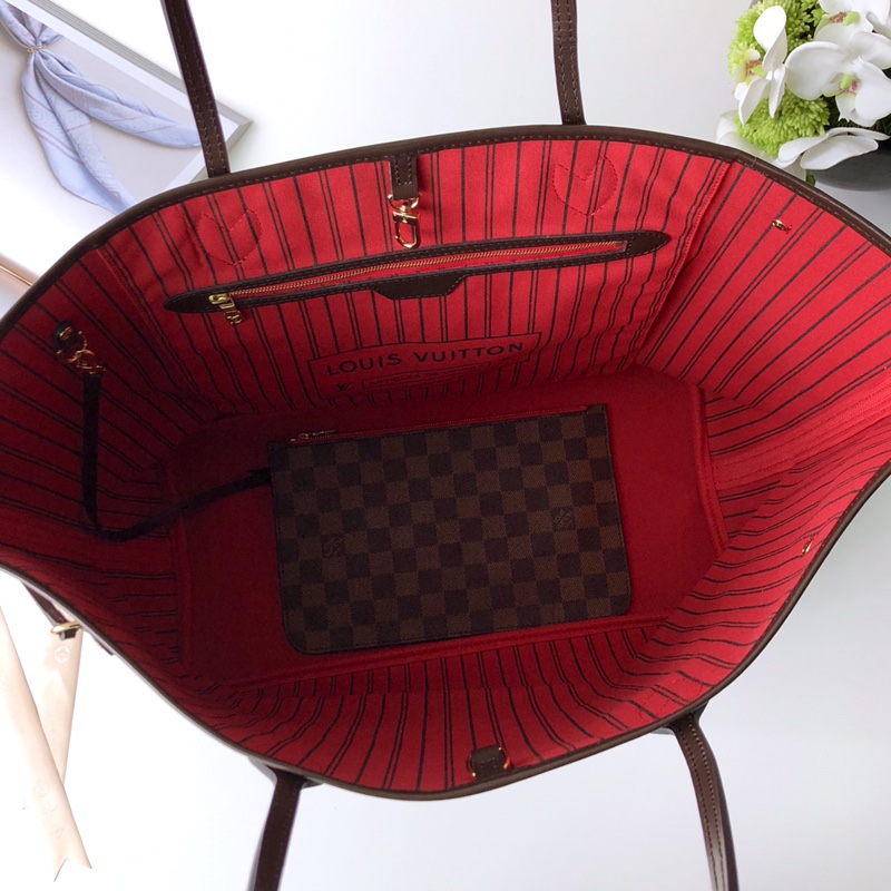 Louis Vuitton M41357 Neverfull GM Damier Ebene Coated Canvas Cerise Red