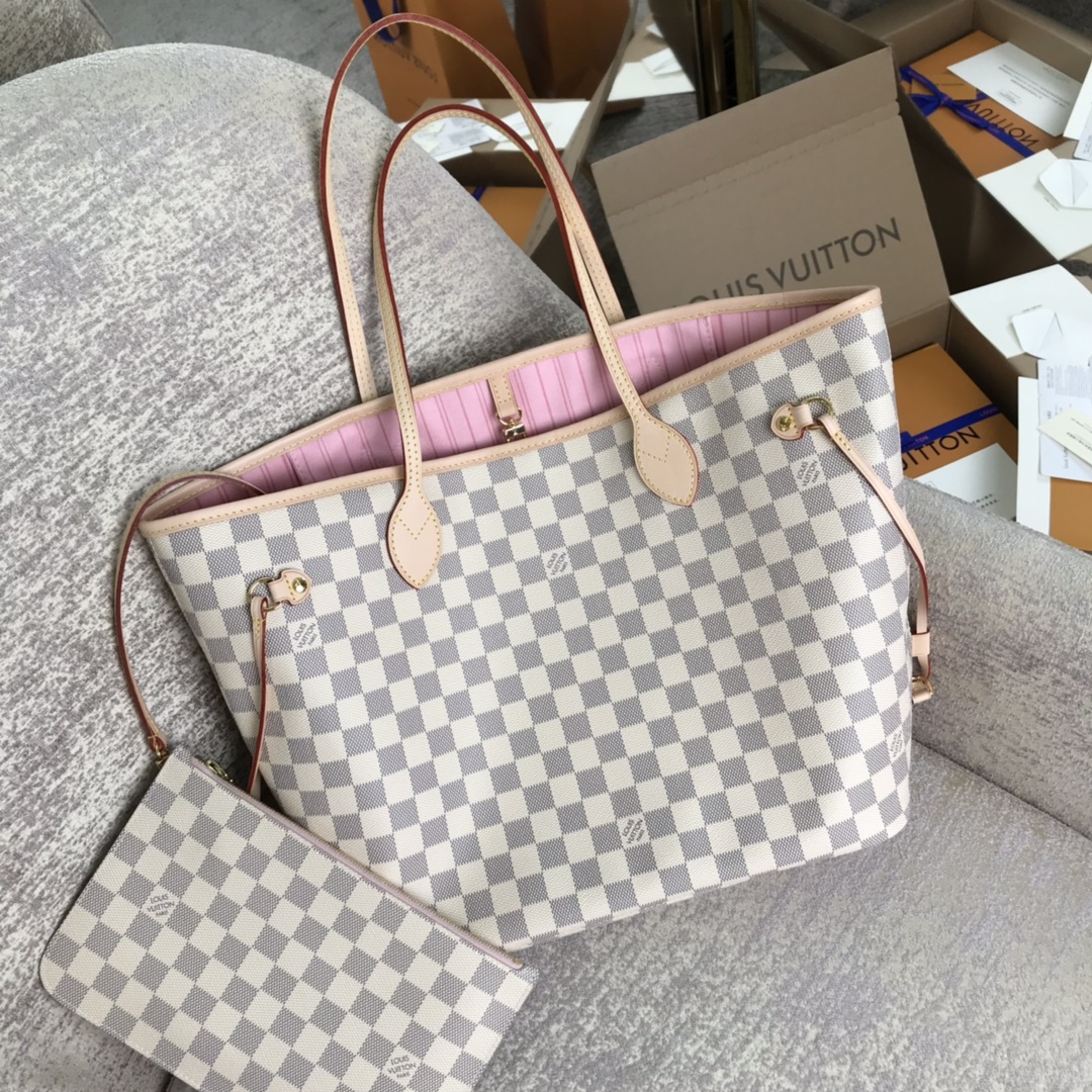 Louis Vuitton M41605 Neverfull MM Damier Azur Coated Canvas Rose