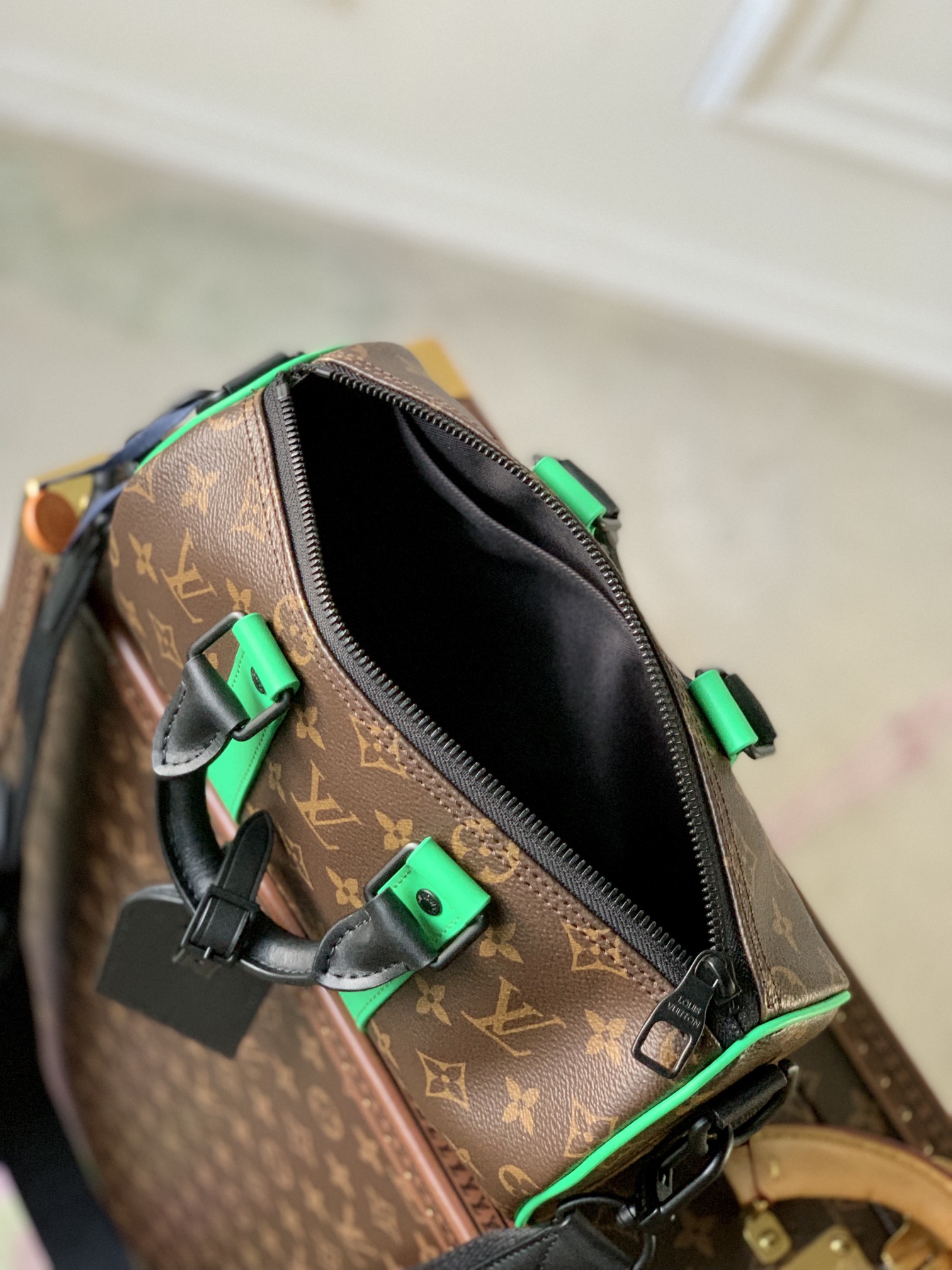 Louis Vuitton M46249 Keepall Bandouliere 25 Monogram Macassar coated canvas and Minty Green cowhide leather