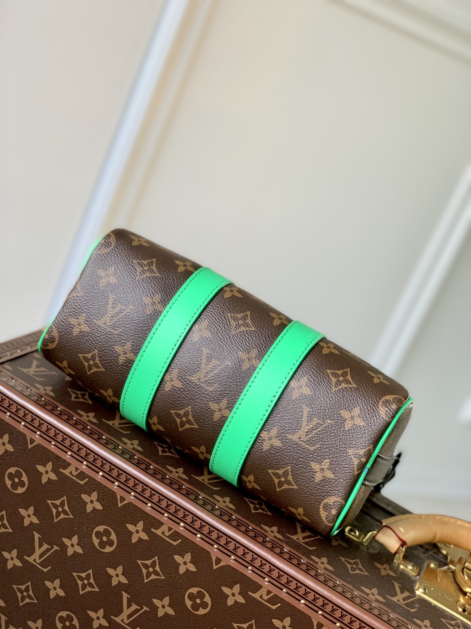 Louis Vuitton M46249 Keepall Bandouliere 25 Monogram Macassar coated canvas and Minty Green cowhide leather