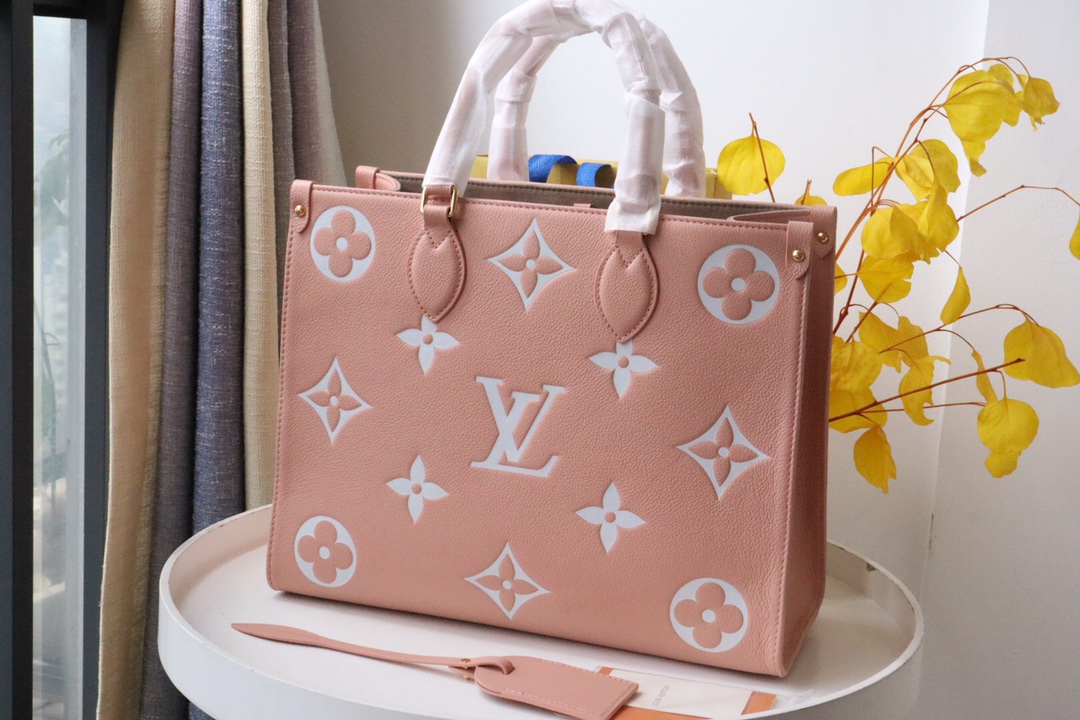 Louis Vuitton M46286 OnTheGo MM Tote Bag Embossed Supple Grained Cowhide Leather Rose