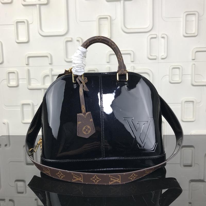 Louis Vuitton M54395 Alma PM Patent Cowhide Leather with Oversized LV Embossed Signature Black