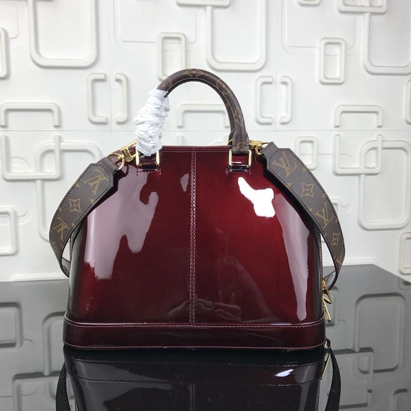 Louis Vuitton M54395 Alma PM Patent Cowhide Leather with Oversized LV Embossed Signature Red