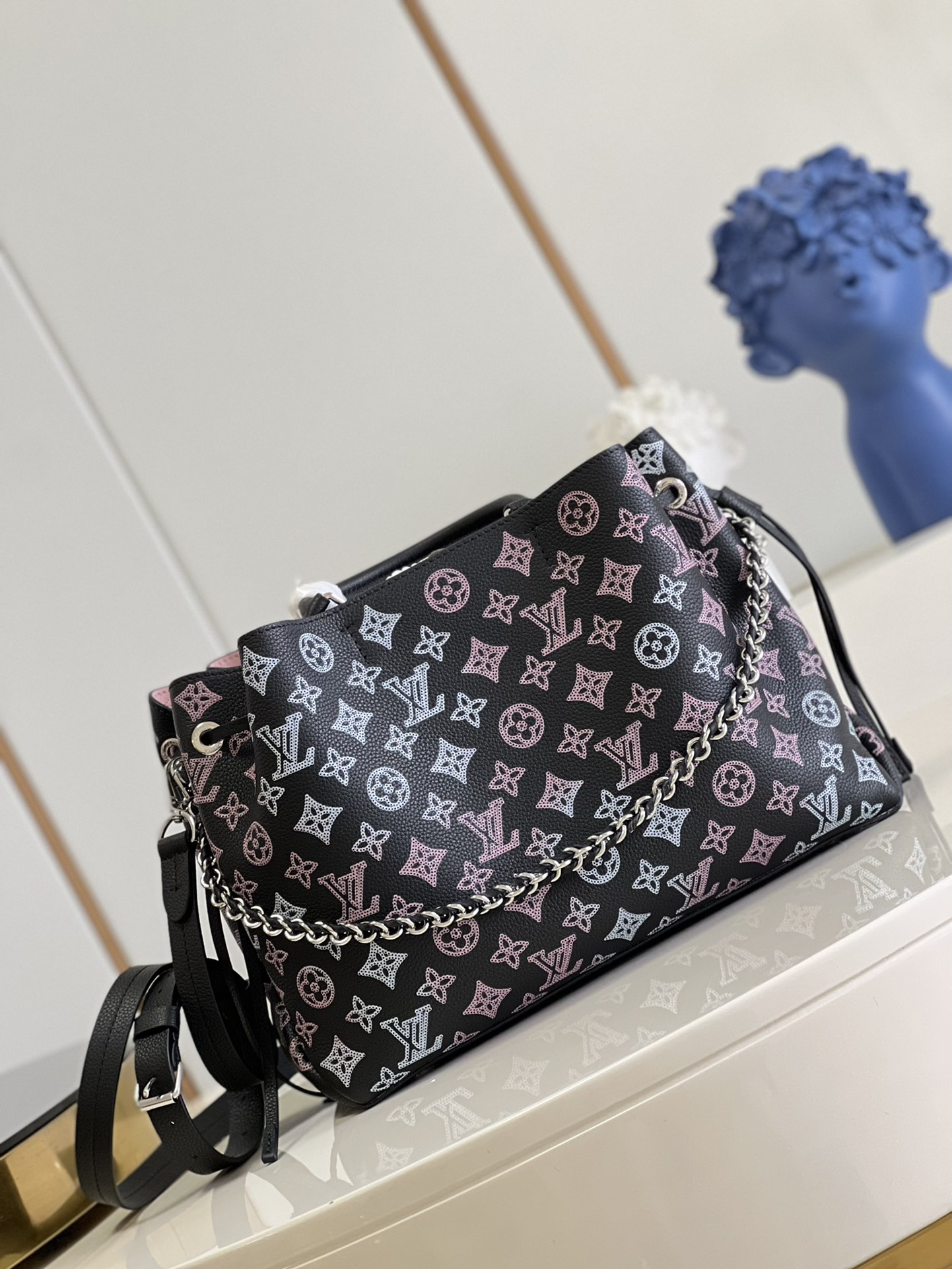 Louis Vuitton M59200 Bella Tote Bag Perforated Mahina Calf Leather Black