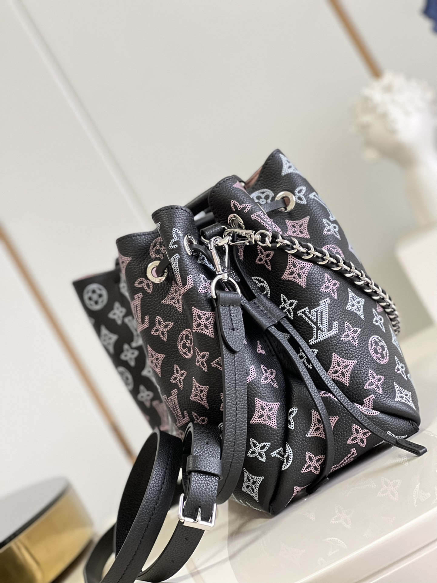 Louis Vuitton M59200 Bella Tote Bag Perforated Mahina Calf Leather Black