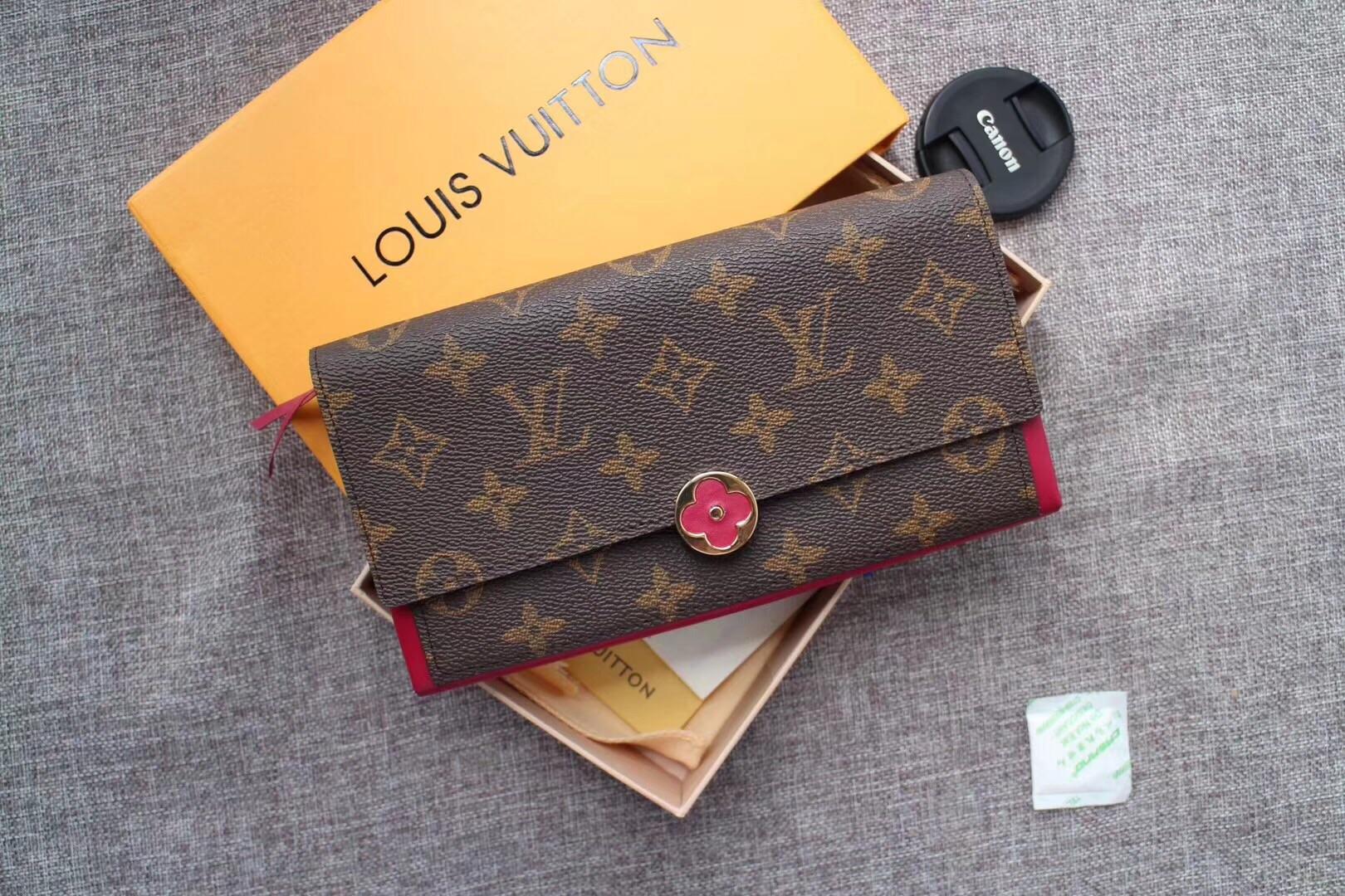 Louis Vuitton M64585 Flore Wallet Monogram Coated Canvas and Calf Leather Rose Fuchsia