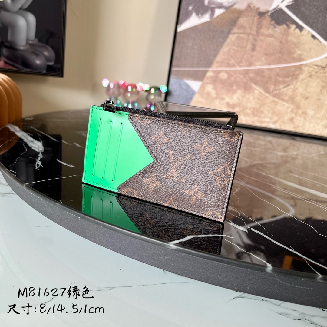 Louis Vuitton Mens Coin Card Holder  Monogram Macassar Coated Canvas and Green Cowhide Leather M81627