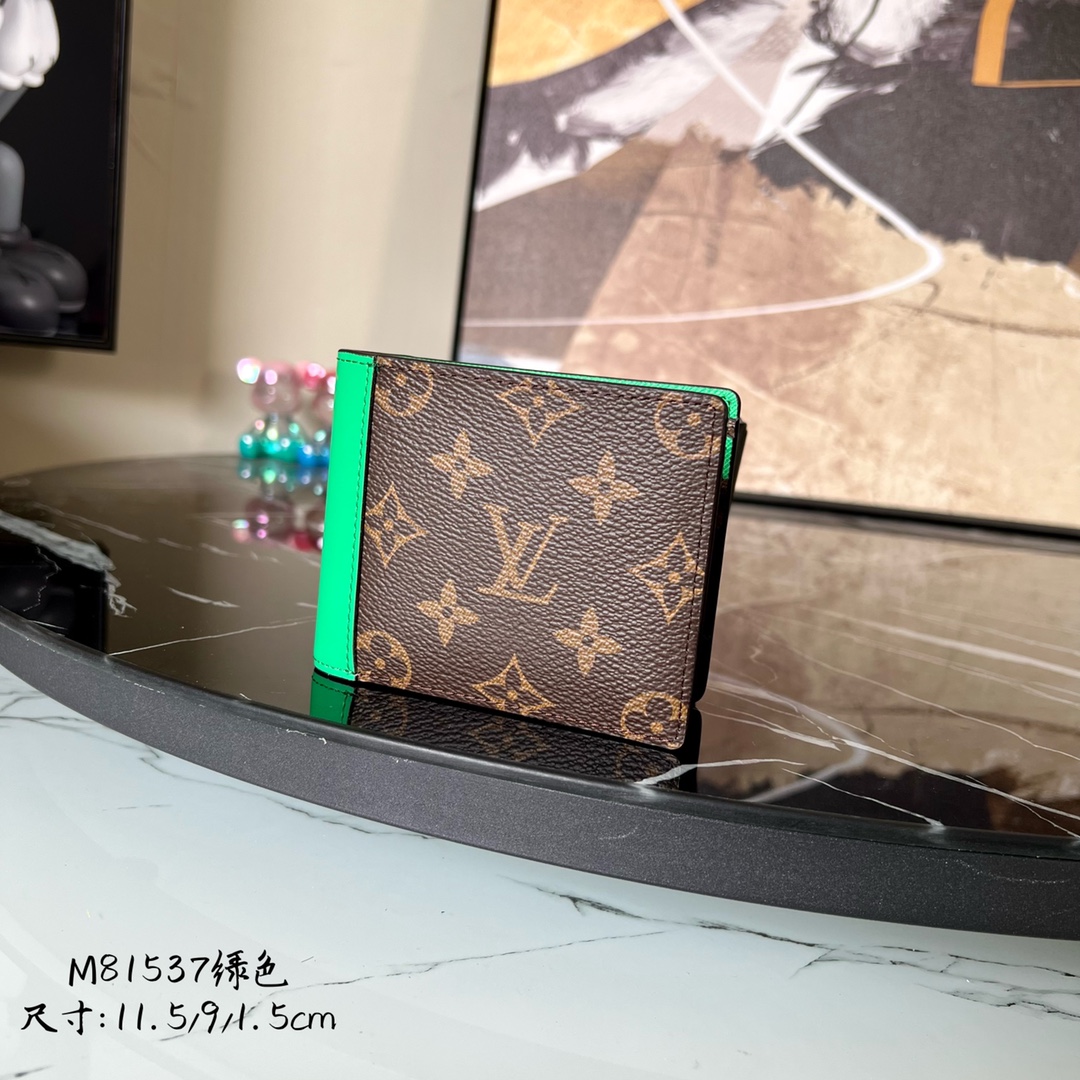 Louis Vuitton Mens Multiple wallet  Monogram Macassar Coated Canvas and Green Cowhide Leather M81537