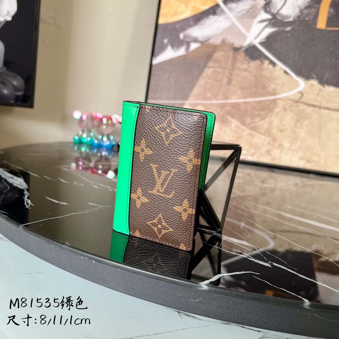 Louis Vuitton Mens Pocket Organizer M81535 Monogram Macassar Coated Canvas and Green Cowhide Leather