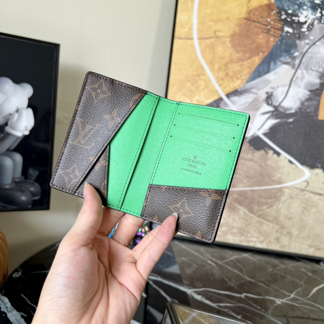 Louis Vuitton Mens Pocket Organizer M81535 Monogram Macassar Coated Canvas and Green Cowhide Leather