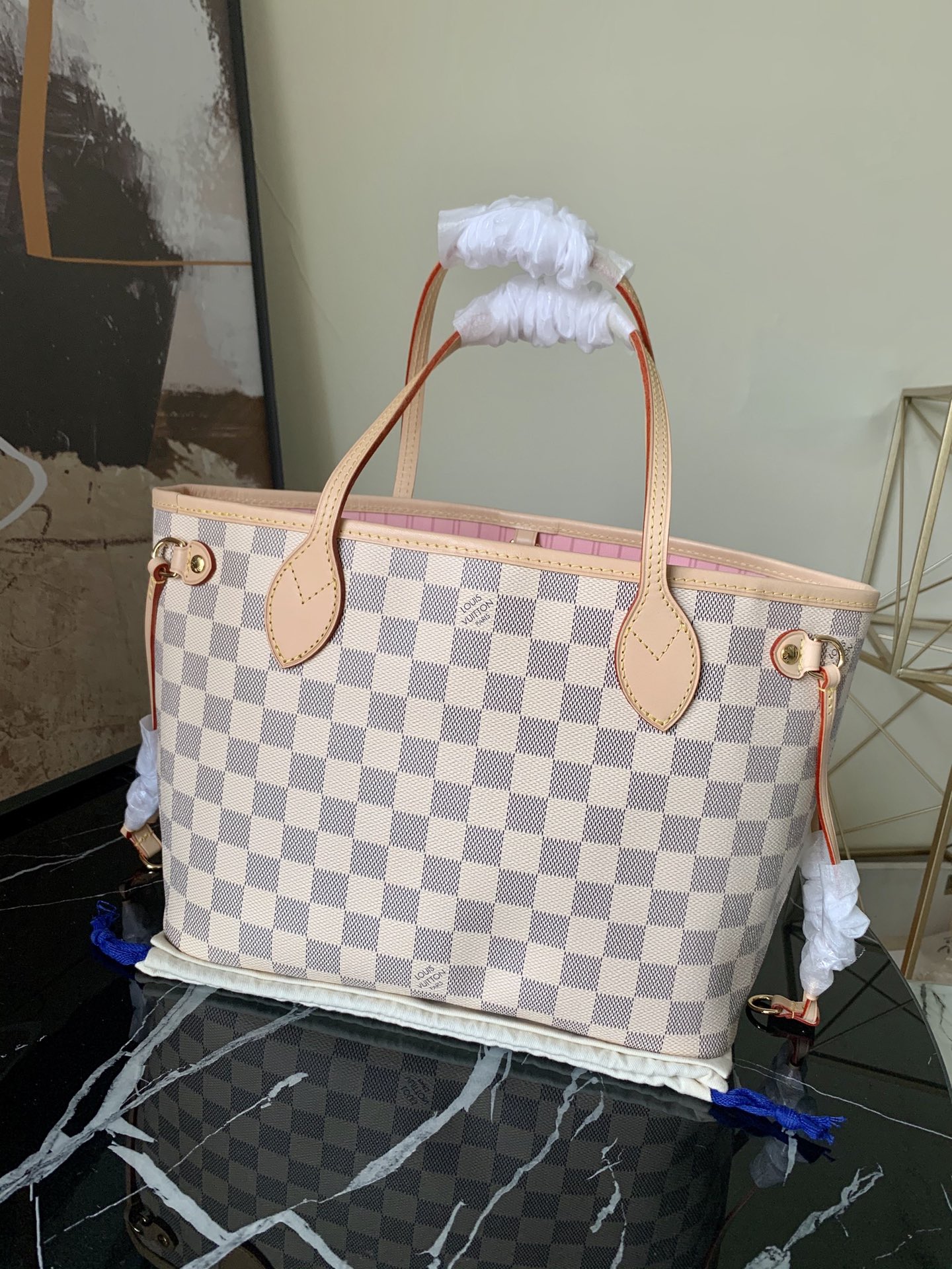 Louis Vuitton N41362 Neverfull PM Damier Azur Coated Canvas  With Pink