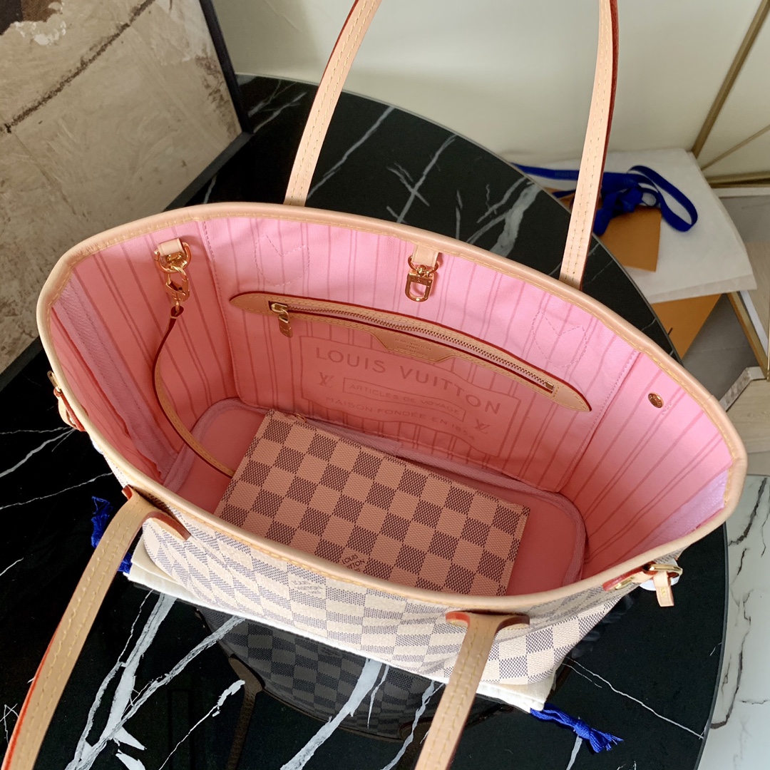 Louis Vuitton N41362 Neverfull PM Damier Azur Coated Canvas  With Pink