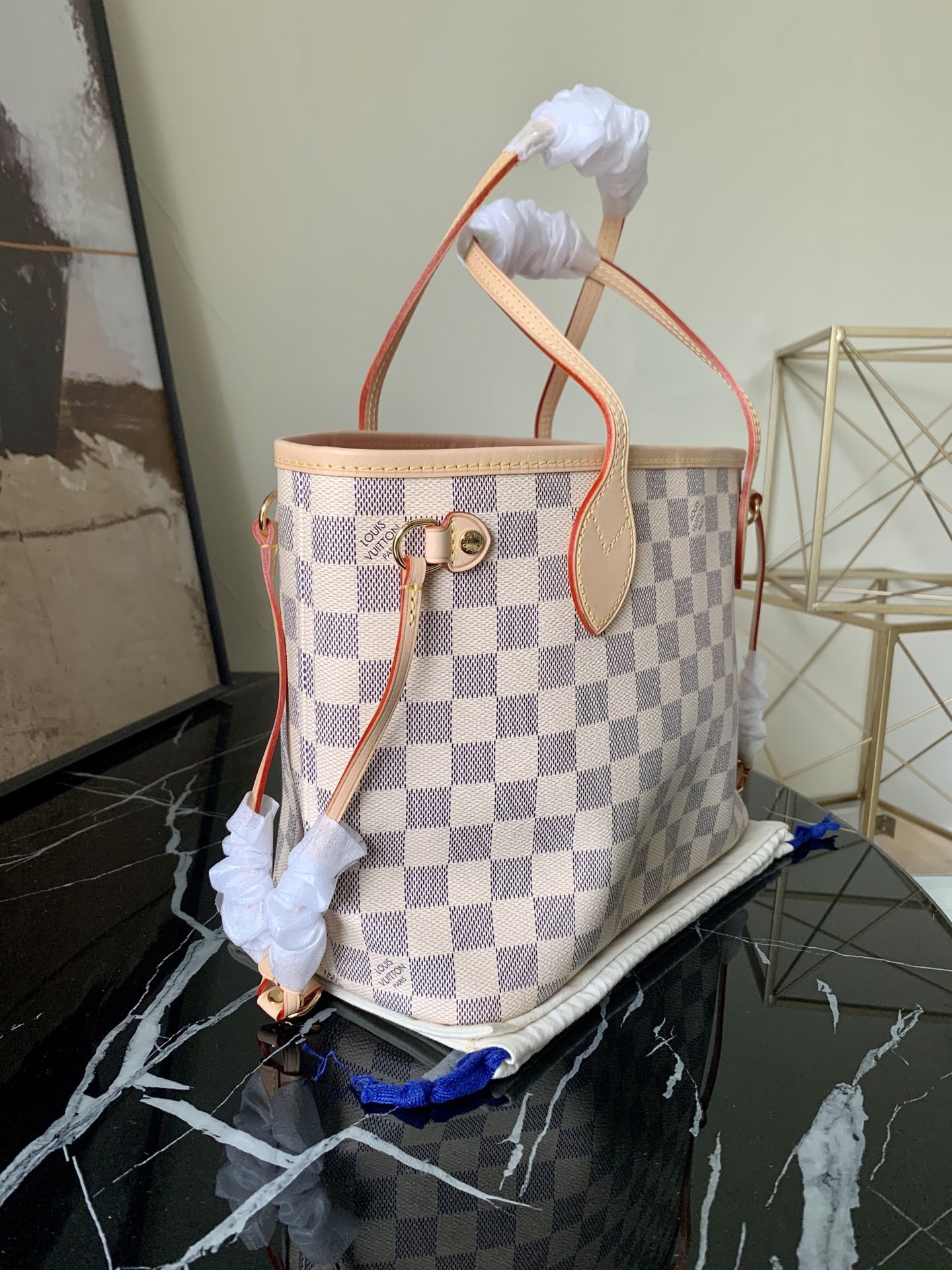 Louis Vuitton N41362 Neverfull PM Damier Azur Coated Canvas  With Pink