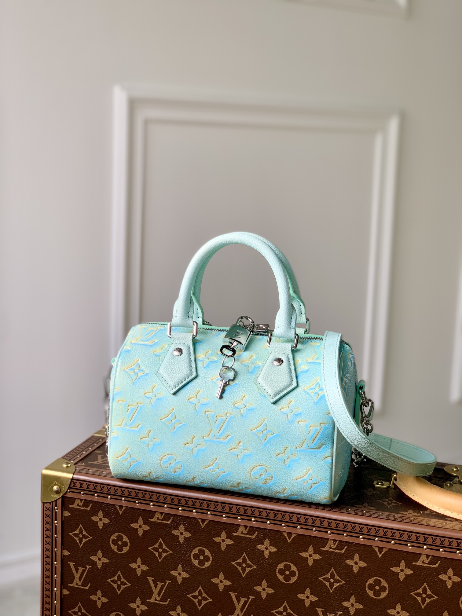 Louis Vuitton Speedy Bandouliere 20 Handbag Sprayed and Embossed Grained Cowhide Leather Blue
