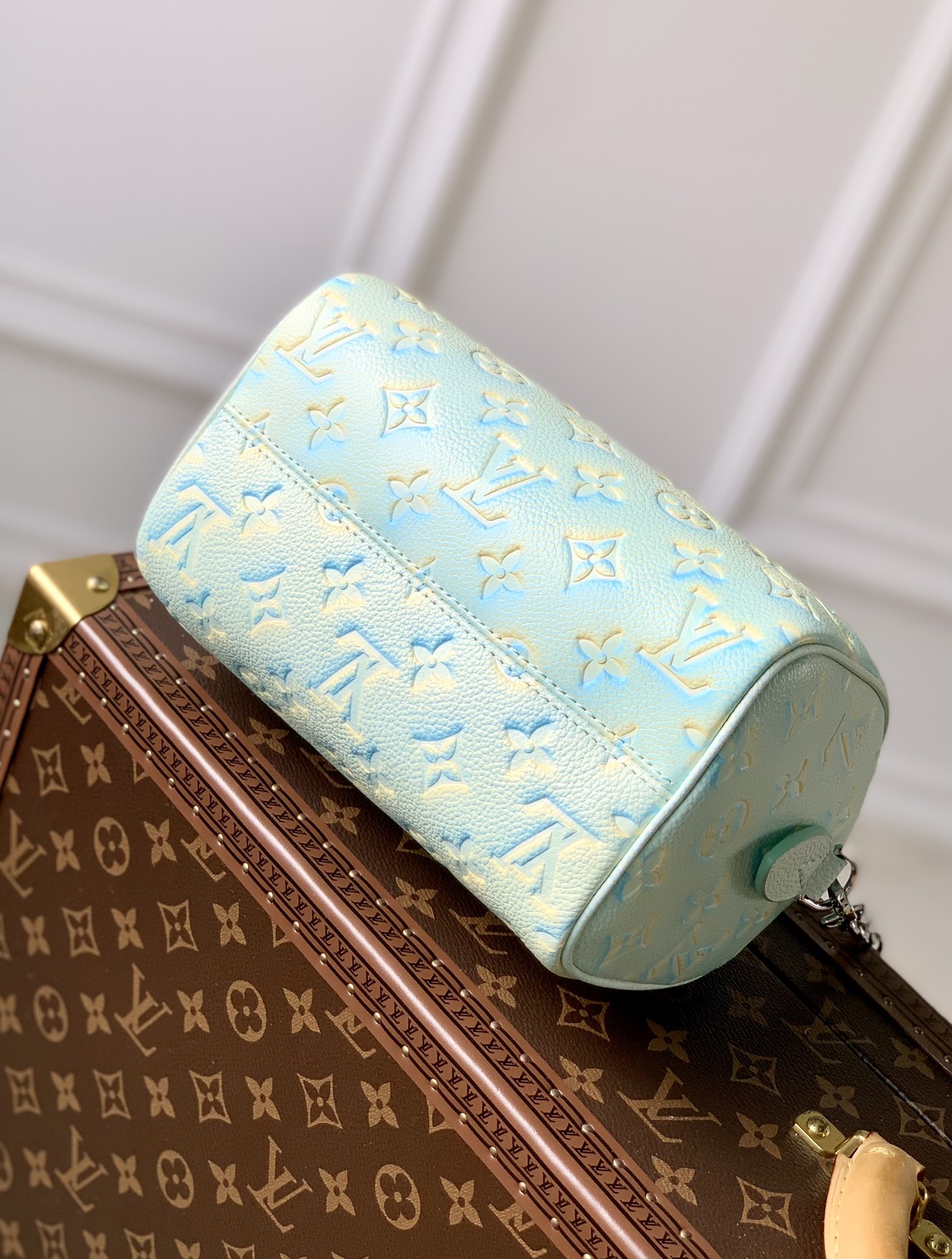 Louis Vuitton Speedy Bandouliere 20 Handbag Sprayed and Embossed Grained Cowhide Leather Blue