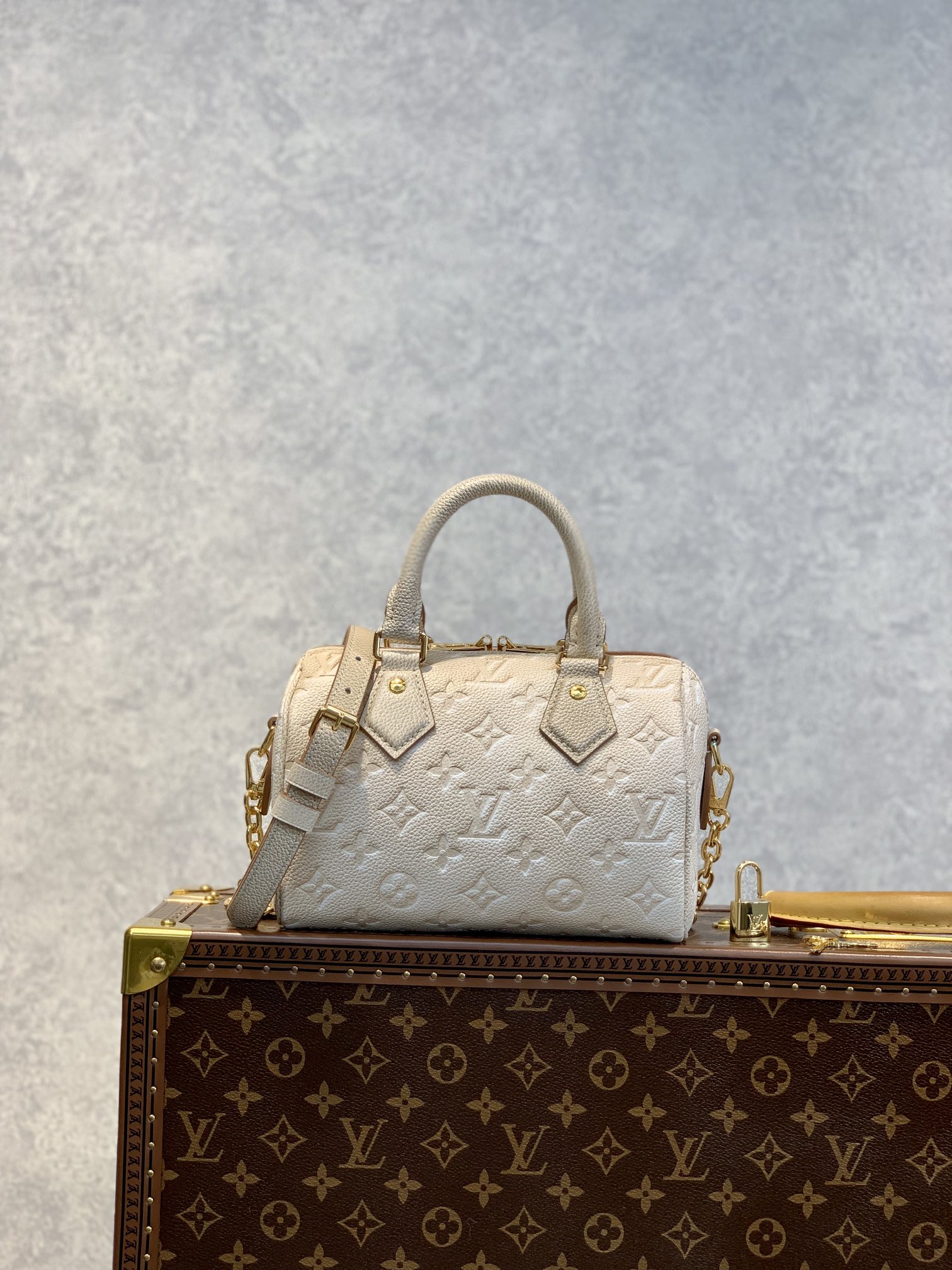 Louis Vuitton Speedy Bandouliere 20 Handbag Sprayed and Embossed Grained Cowhide Leather Pale Beige