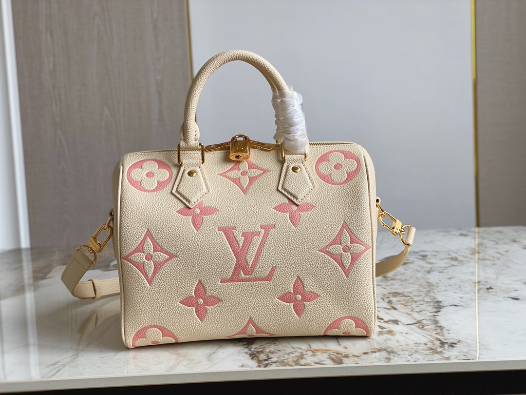 Louis Vuitton Speedy Bandouliere 25 Handbag Creme and Rose Embossed Supple Grained Cowhide Leather