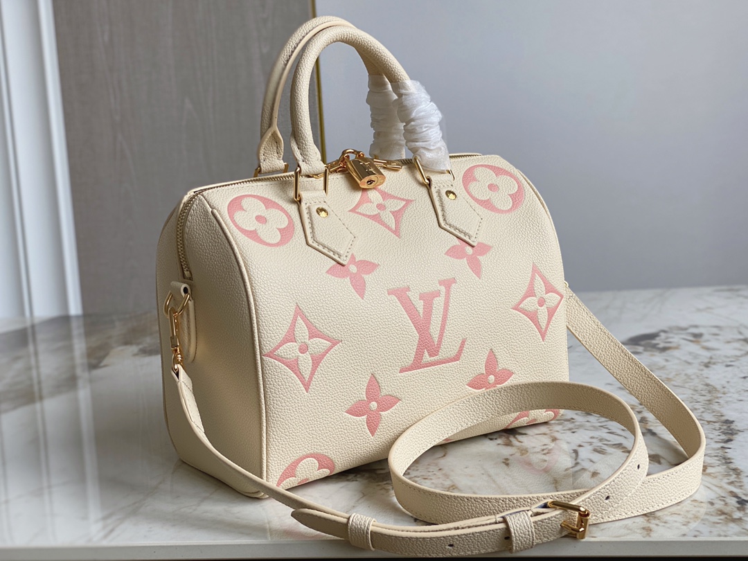 Louis Vuitton Speedy Bandouliere 25 Handbag Creme and Rose Embossed Supple Grained Cowhide Leather