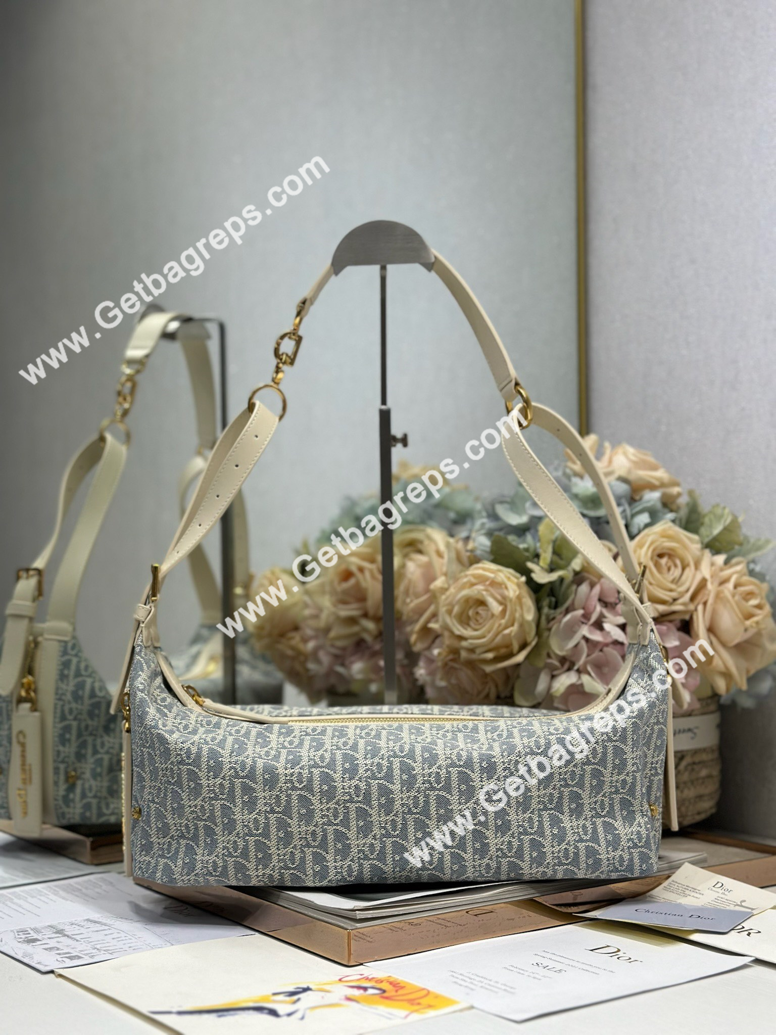 Medium D-Journey Bag Blue Dior Oblique Chambray with Raffia Effect and Light Biscuit Smooth Calfskin