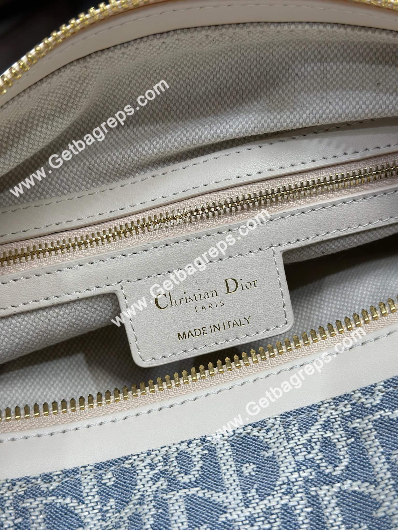 Medium D-Journey Bag Blue Dior Oblique Chambray with Raffia Effect and Light Biscuit Smooth Calfskin