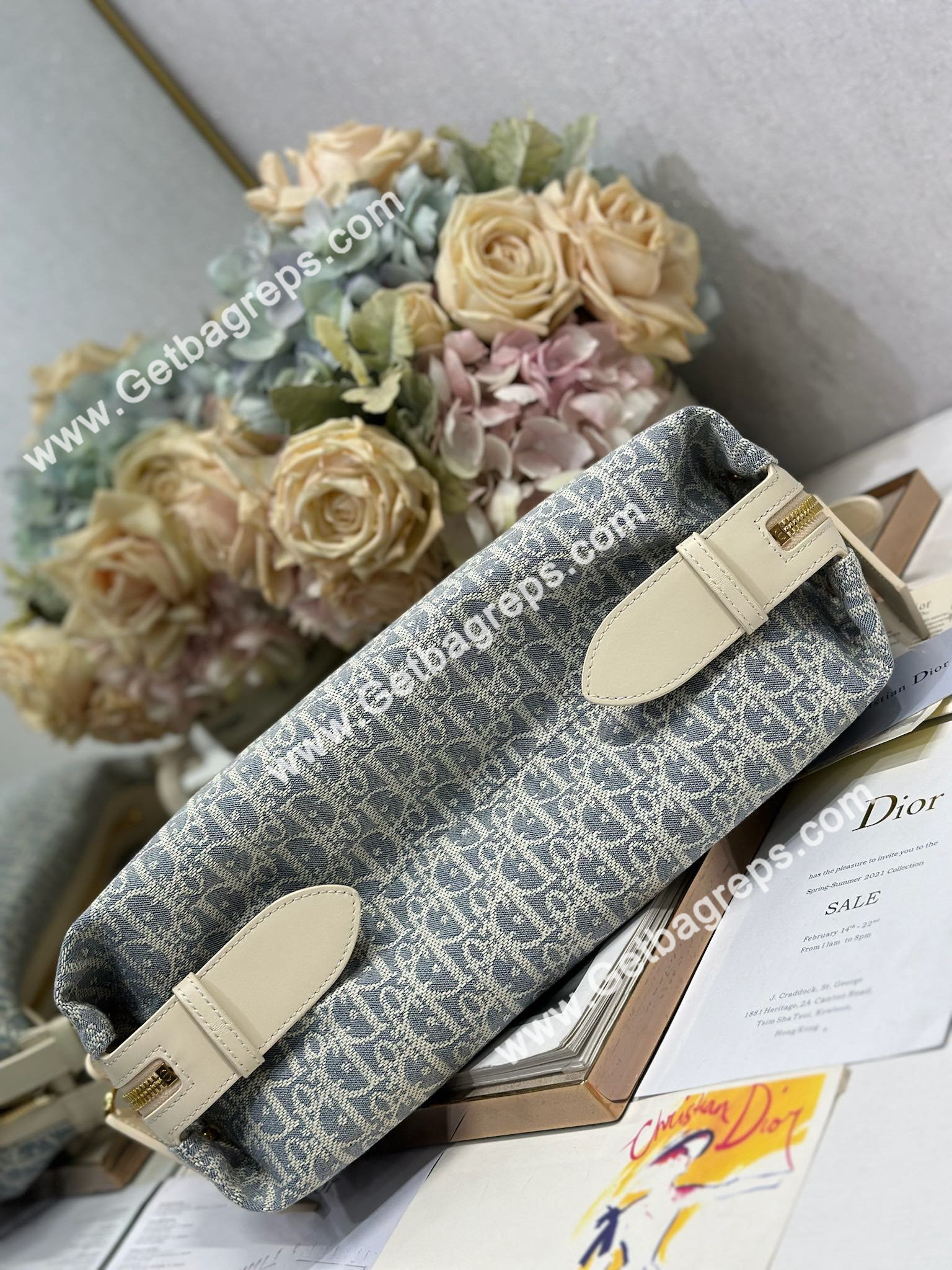 Medium D-Journey Bag Blue Dior Oblique Chambray with Raffia Effect and Light Biscuit Smooth Calfskin