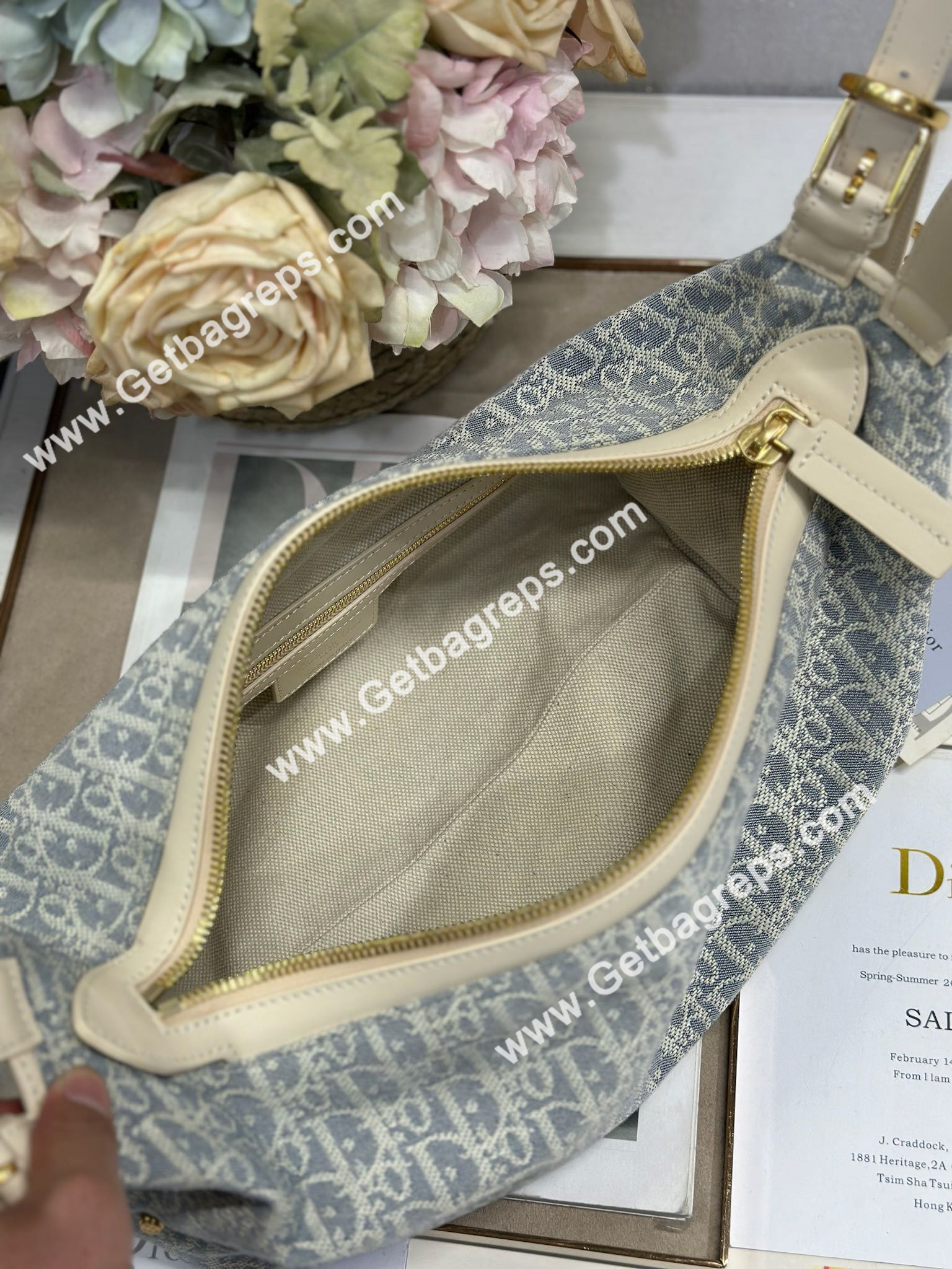 Medium D-Journey Bag Blue Dior Oblique Chambray with Raffia Effect and Light Biscuit Smooth Calfskin
