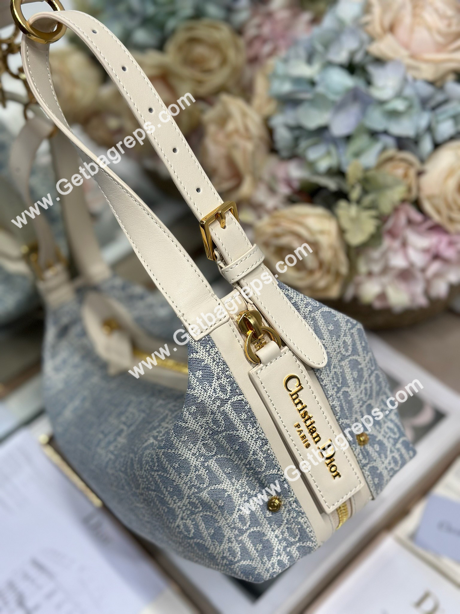 Medium D-Journey Bag Blue Dior Oblique Chambray with Raffia Effect and Light Biscuit Smooth Calfskin