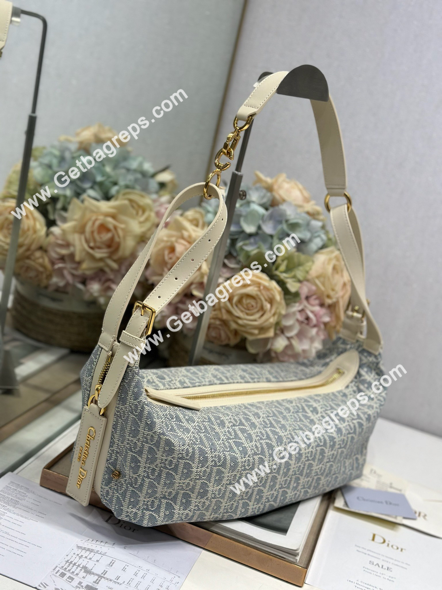 Medium D-Journey Bag Blue Dior Oblique Chambray with Raffia Effect and Light Biscuit Smooth Calfskin