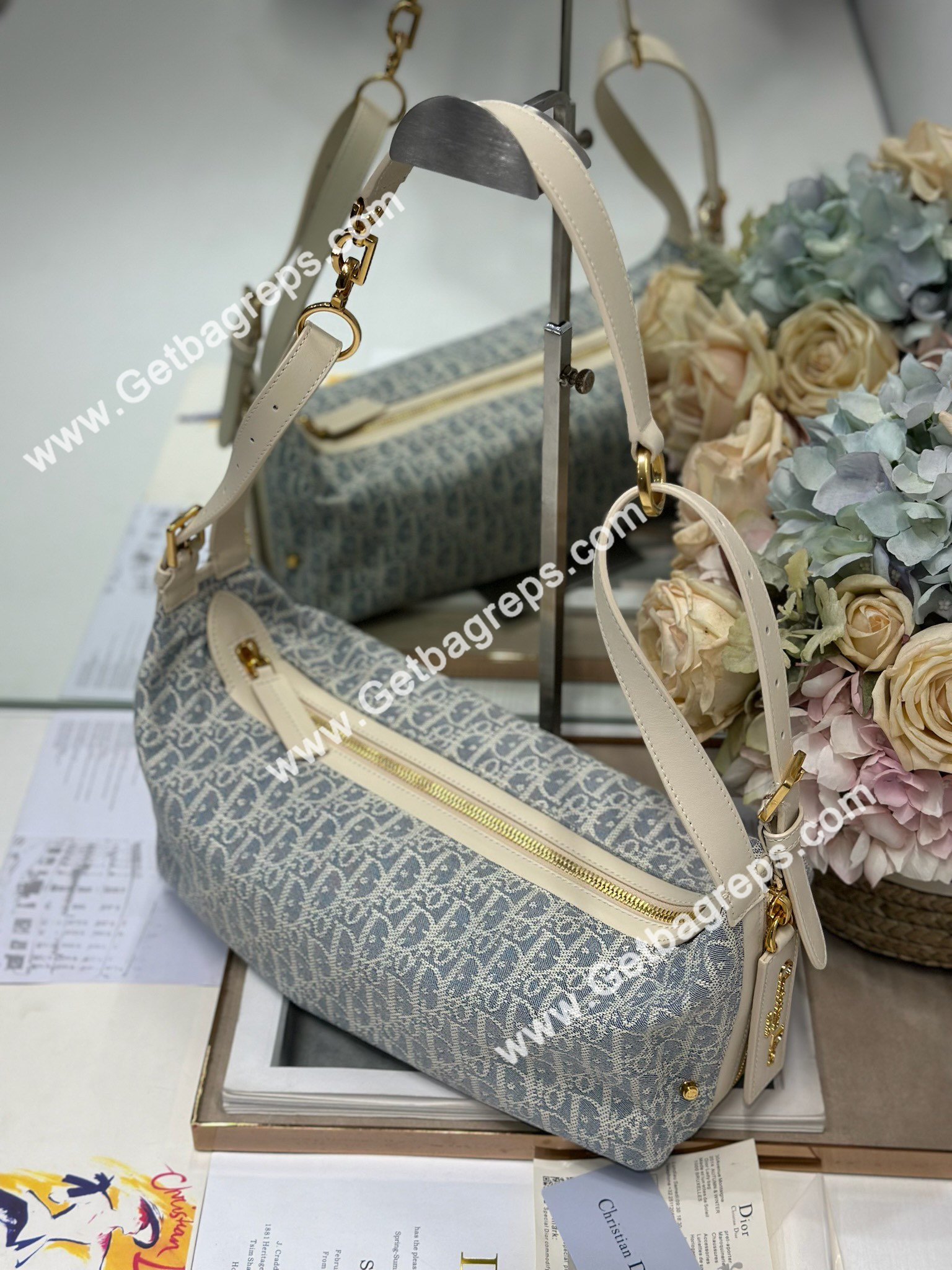 Medium D-Journey Bag Blue Dior Oblique Chambray with Raffia Effect and Light Biscuit Smooth Calfskin