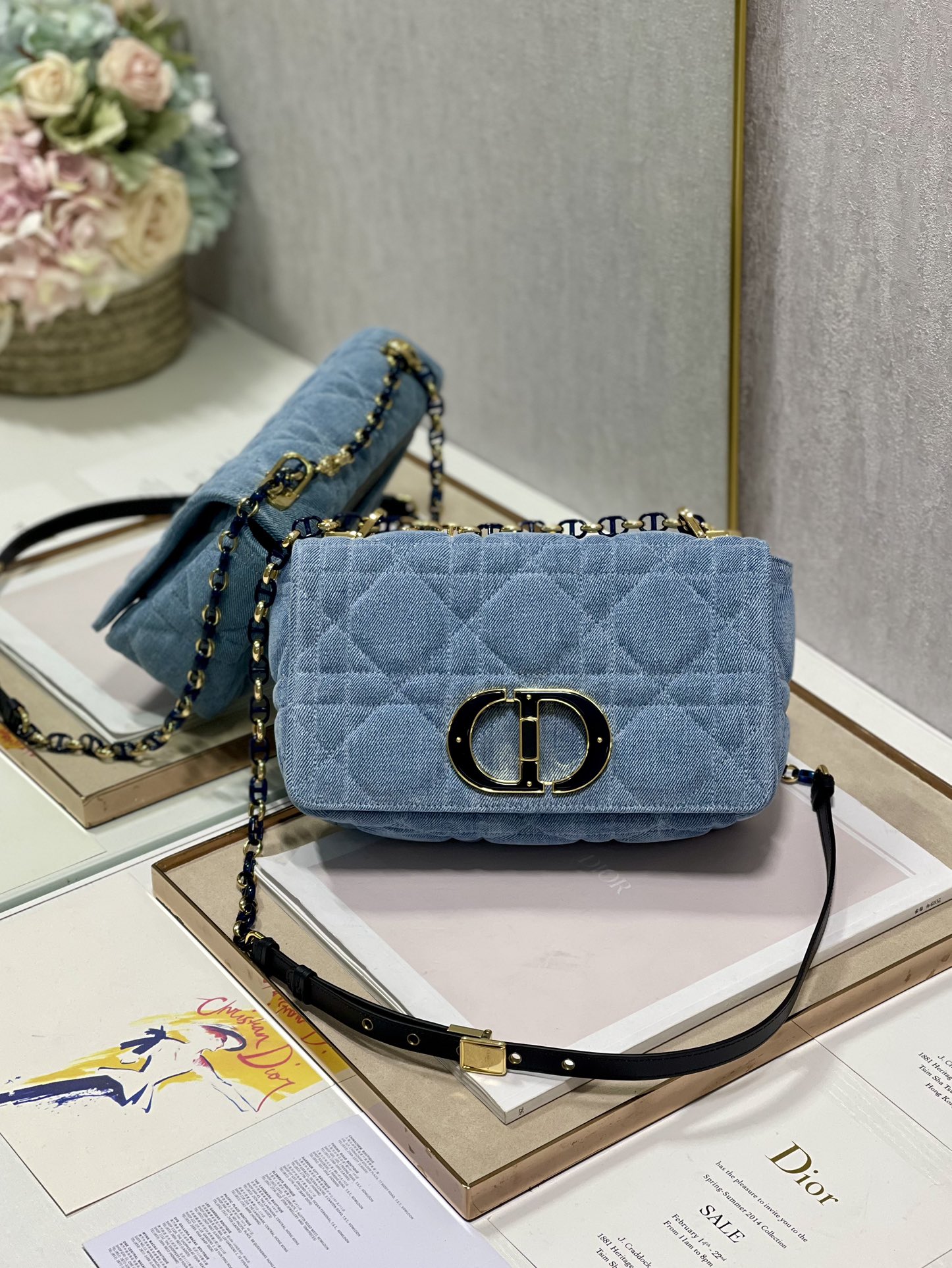 Medium Dior Caro Bag Blue Macrocannage Denim