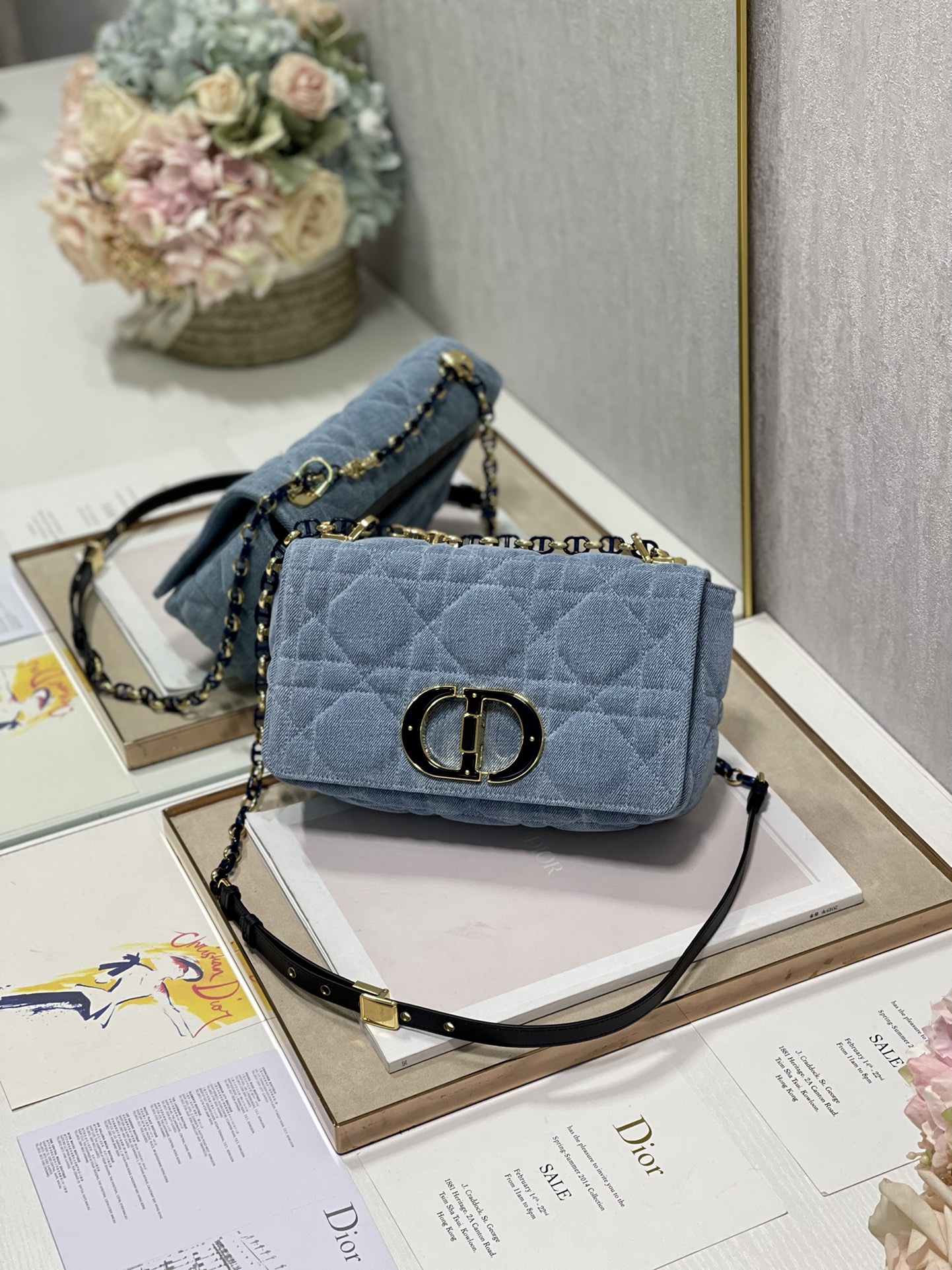 Medium Dior Caro Bag Blue Macrocannage Denim