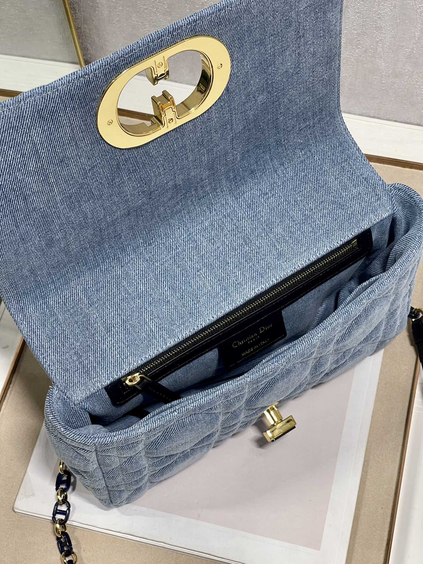 Medium Dior Caro Bag Blue Macrocannage Denim