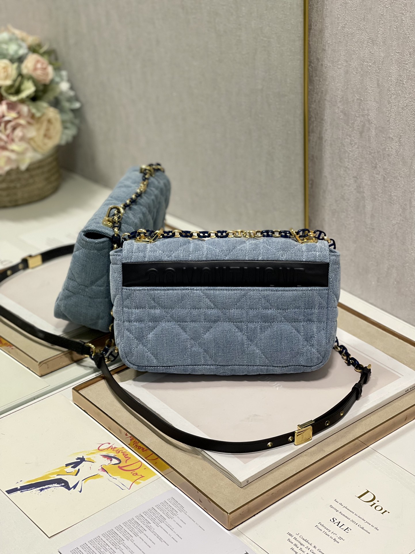 Medium Dior Caro Bag Blue Macrocannage Denim