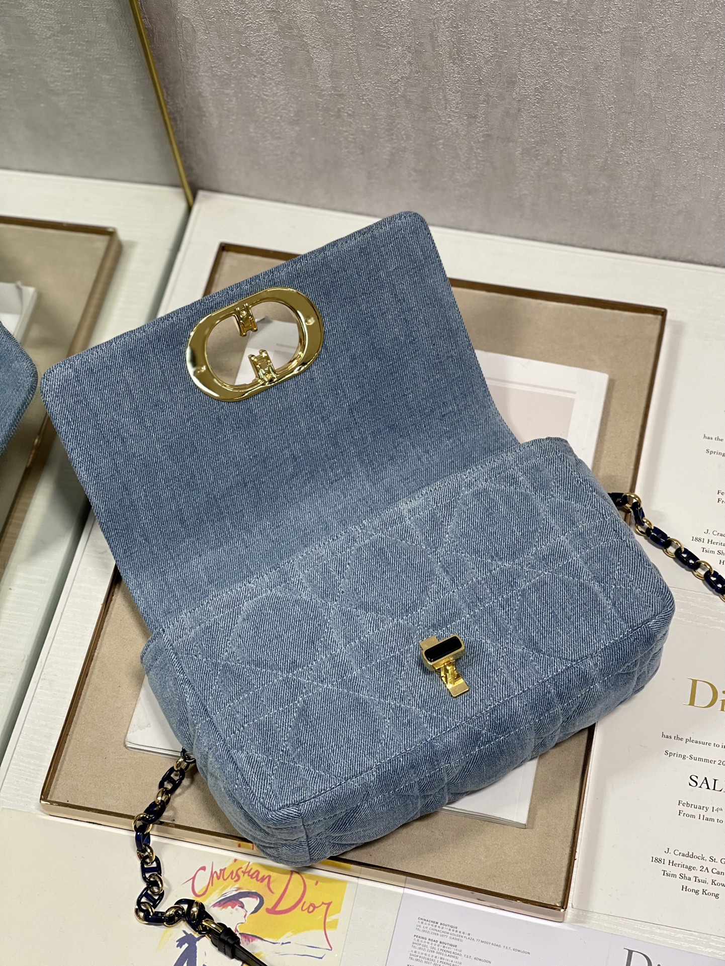 Medium Dior Caro Bag Blue Macrocannage Denim