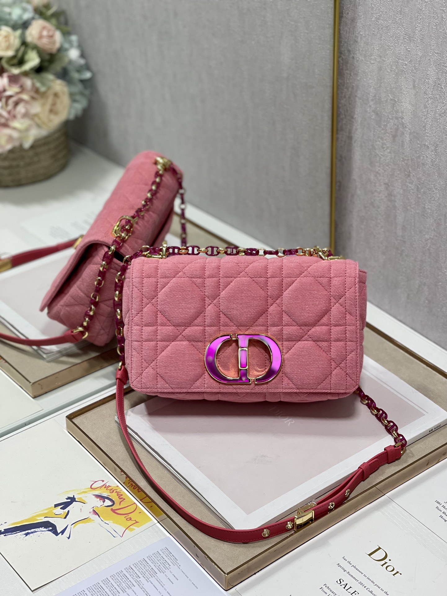 Medium Dior Caro Bag Pink Macrocannage Denim