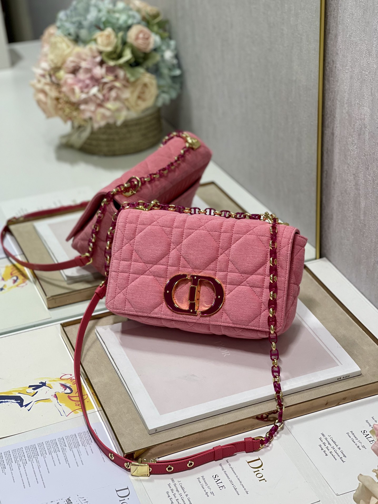 Medium Dior Caro Bag Pink Macrocannage Denim