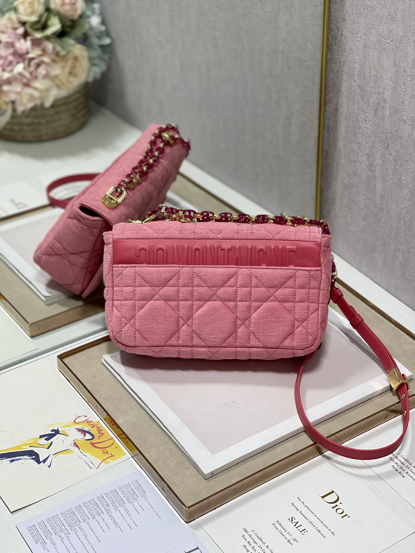 Medium Dior Caro Bag Pink Macrocannage Denim