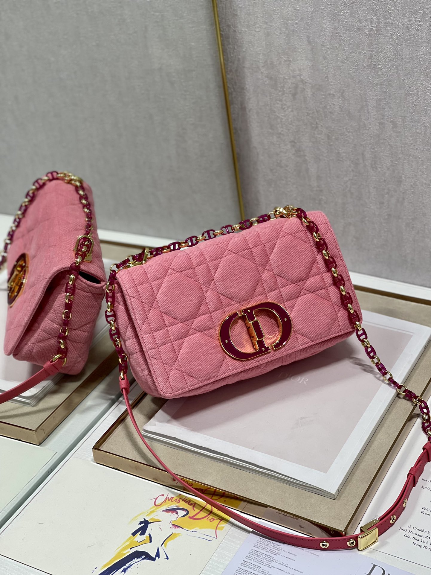 Medium Dior Caro Bag Pink Macrocannage Denim