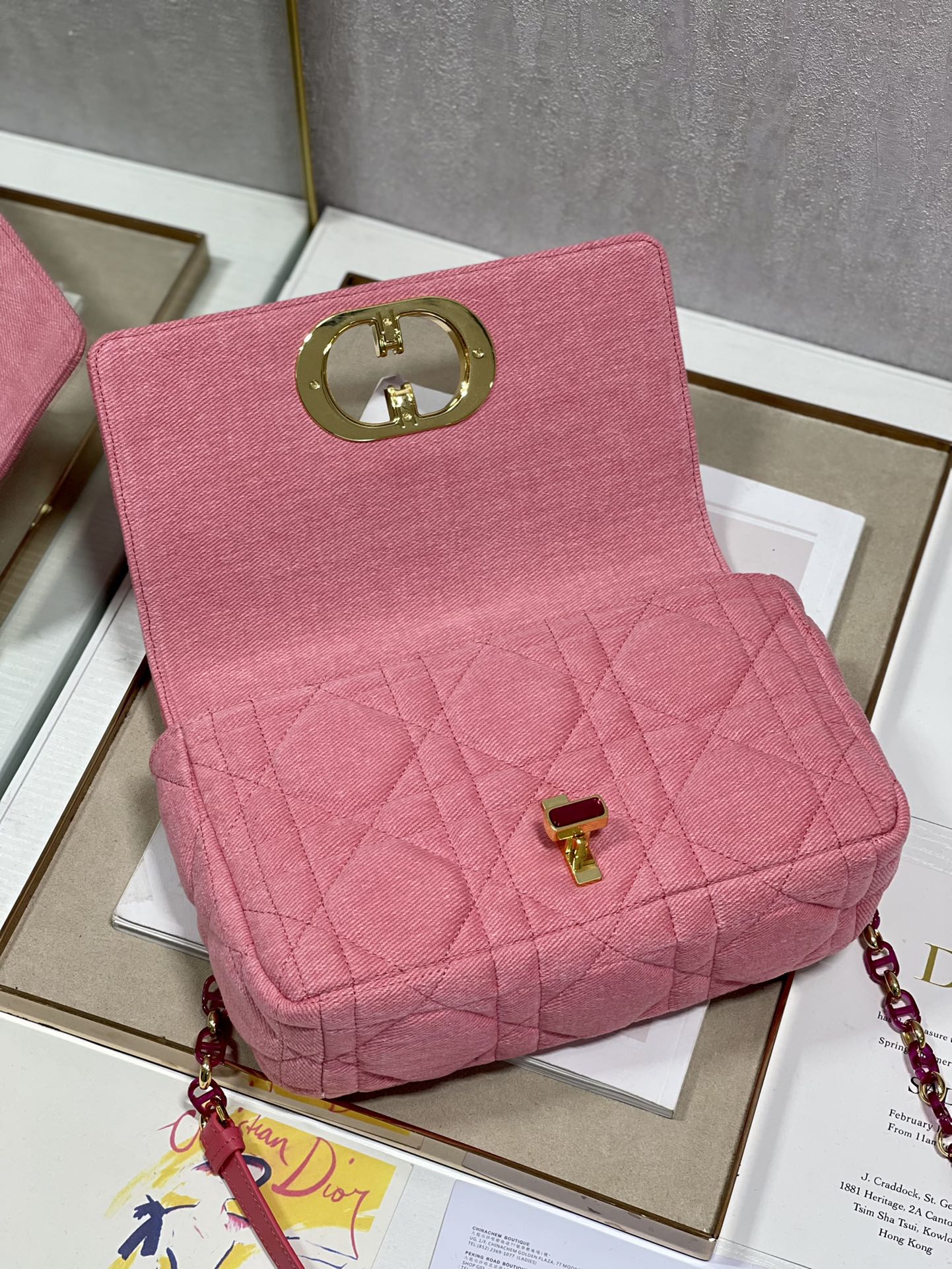 Medium Dior Caro Bag Pink Macrocannage Denim