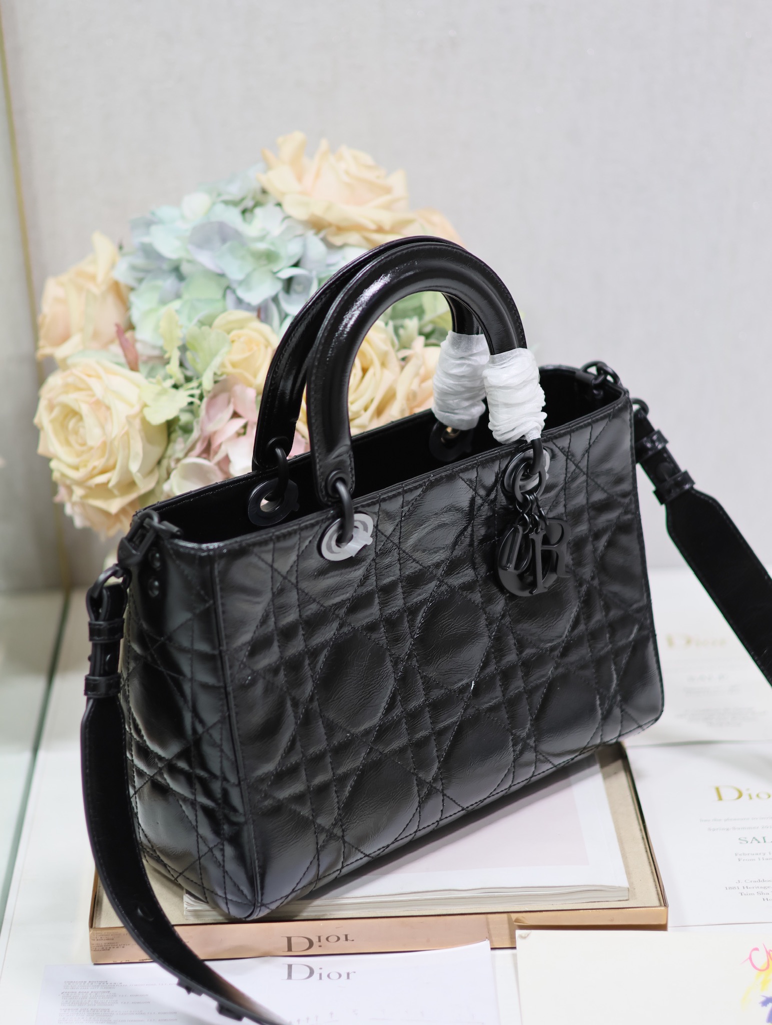 Medium Lady D-Sire Bag Black Macrocannage Crinkled Calfskin